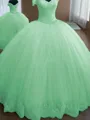Ball-Gown Princess Off-the-Shoulder Sleeveless Enchanting Floor-Length Tulle Prom Dress With Lace