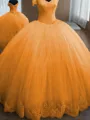 Ball-Gown Princess Off-the-Shoulder Sleeveless Enchanting Floor-Length Tulle Prom Dress With Lace