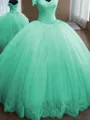 Ball-Gown Princess Off-the-Shoulder Sleeveless Enchanting Floor-Length Tulle Prom Dress With Lace