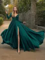 A-line V-Neck Long Sleeves Sweep Train Chic Satin Chiffon Prom Dress With Slit