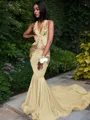 Trumpet/Mermaid Enchanting V-Neck Sleeveless Chapel Train Silk like Satin Prom Dress