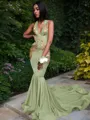 Trumpet/Mermaid Enchanting V-Neck Sleeveless Chapel Train Silk like Satin Prom Dress