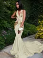 Trumpet/Mermaid Enchanting V-Neck Sleeveless Chapel Train Silk like Satin Prom Dress