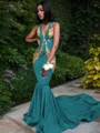 Trumpet/Mermaid Enchanting V-Neck Sleeveless Chapel Train Silk like Satin Prom Dress