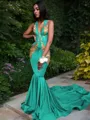 Trumpet/Mermaid Enchanting V-Neck Sleeveless Chapel Train Silk like Satin Prom Dress