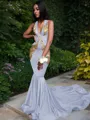 Trumpet/Mermaid Enchanting V-Neck Sleeveless Chapel Train Silk like Satin Prom Dress