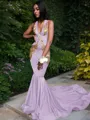 Trumpet/Mermaid Enchanting V-Neck Sleeveless Chapel Train Silk like Satin Prom Dress