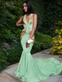 Trumpet/Mermaid Enchanting V-Neck Sleeveless Chapel Train Silk like Satin Prom Dress