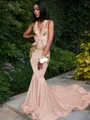 Trumpet/Mermaid Enchanting V-Neck Sleeveless Chapel Train Silk like Satin Prom Dress