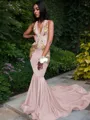 Trumpet/Mermaid Enchanting V-Neck Sleeveless Chapel Train Silk like Satin Prom Dress