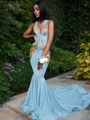 Trumpet/Mermaid Enchanting V-Neck Sleeveless Chapel Train Silk like Satin Prom Dress