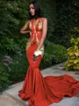 Trumpet/Mermaid Enchanting V-Neck Sleeveless Chapel Train Silk like Satin Prom Dress