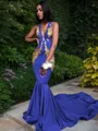 Trumpet/Mermaid Enchanting V-Neck Sleeveless Chapel Train Silk like Satin Prom Dress