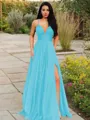A-line V-Neck Sleeveless Stunning Floor-Length Chiffon Prom Dress With Ruffles