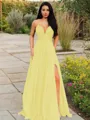 A-line V-Neck Sleeveless Stunning Floor-Length Chiffon Prom Dress With Ruffles