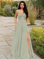 A-line V-Neck Sleeveless Stunning Floor-Length Chiffon Prom Dress With Ruffles