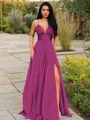 A-line V-Neck Sleeveless Stunning Floor-Length Chiffon Prom Dress With Ruffles