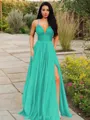 A-line V-Neck Sleeveless Stunning Floor-Length Chiffon Prom Dress With Ruffles