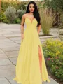 A-line V-Neck Sleeveless Stunning Floor-Length Chiffon Prom Dress With Ruffles