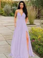 A-line V-Neck Sleeveless Stunning Floor-Length Chiffon Prom Dress With Ruffles