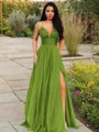 A-line V-Neck Sleeveless Stunning Floor-Length Chiffon Prom Dress With Ruffles