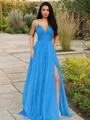 A-line V-Neck Sleeveless Stunning Floor-Length Chiffon Prom Dress With Ruffles