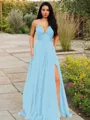 A-line V-Neck Sleeveless Stunning Floor-Length Chiffon Prom Dress With Ruffles
