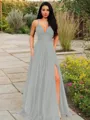 A-line V-Neck Sleeveless Stunning Floor-Length Chiffon Prom Dress With Ruffles