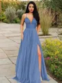 A-line V-Neck Sleeveless Stunning Floor-Length Chiffon Prom Dress With Ruffles