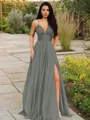 A-line V-Neck Sleeveless Stunning Floor-Length Chiffon Prom Dress With Ruffles