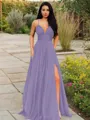A-line V-Neck Sleeveless Stunning Floor-Length Chiffon Prom Dress With Ruffles