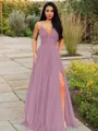 A-line V-Neck Sleeveless Stunning Floor-Length Chiffon Prom Dress With Ruffles