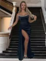 Sheath/Column Strapless Charming Sleeveless Sweep Train Satin Corset Prom Dress With Slit