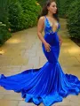 Trumpet/Mermaid V-Neck Sleeveless Court Train Svelte Silk like Satin Prom Dress