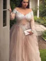 Romantic Ball-Gown Princess Off-the-Shoulder Long Sleeves Floor-Length Tulle Prom Dress With Sequins