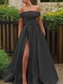 A-line Glam Off-the-Shoulder Sleeveless Sweep Train Satin Corset Prom Dress With Sequins