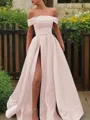 A-line Glam Off-the-Shoulder Sleeveless Sweep Train Satin Corset Prom Dress With Sequins