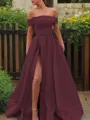 A-line Glam Off-the-Shoulder Sleeveless Sweep Train Satin Corset Prom Dress With Sequins