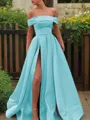 A-line Glam Off-the-Shoulder Sleeveless Sweep Train Satin Corset Prom Dress With Sequins