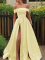 A-line Glam Off-the-Shoulder Sleeveless Sweep Train Satin Corset Prom Dress With Sequins