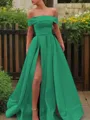 A-line Glam Off-the-Shoulder Sleeveless Sweep Train Satin Corset Prom Dress With Sequins