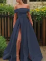 A-line Glam Off-the-Shoulder Sleeveless Sweep Train Satin Corset Prom Dress With Sequins