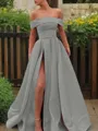 A-line Glam Off-the-Shoulder Sleeveless Sweep Train Satin Corset Prom Dress With Sequins