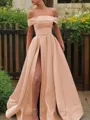 A-line Glam Off-the-Shoulder Sleeveless Sweep Train Satin Corset Prom Dress With Sequins