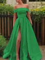 A-line Glam Off-the-Shoulder Sleeveless Sweep Train Satin Corset Prom Dress With Sequins