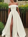 A-line Glam Off-the-Shoulder Sleeveless Sweep Train Satin Corset Prom Dress With Sequins