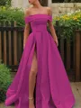 A-line Glam Off-the-Shoulder Sleeveless Sweep Train Satin Corset Prom Dress With Sequins