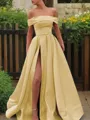 A-line Glam Off-the-Shoulder Sleeveless Sweep Train Satin Corset Prom Dress With Sequins