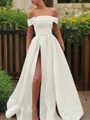 A-line Glam Off-the-Shoulder Sleeveless Sweep Train Satin Corset Prom Dress With Sequins