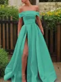 A-line Glam Off-the-Shoulder Sleeveless Sweep Train Satin Corset Prom Dress With Sequins